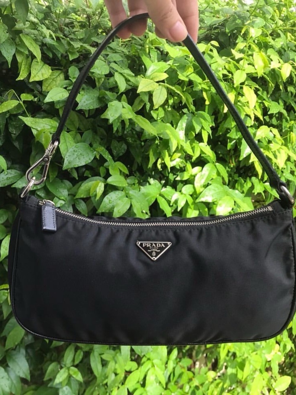 Auth Prada tessuto nylon Black Shoulder Bag Pouchette silver hook strap Y2K EUC